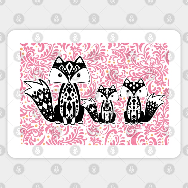 Linoprint Vixen with Cubs Floral Background Sticker by NattyDesigns